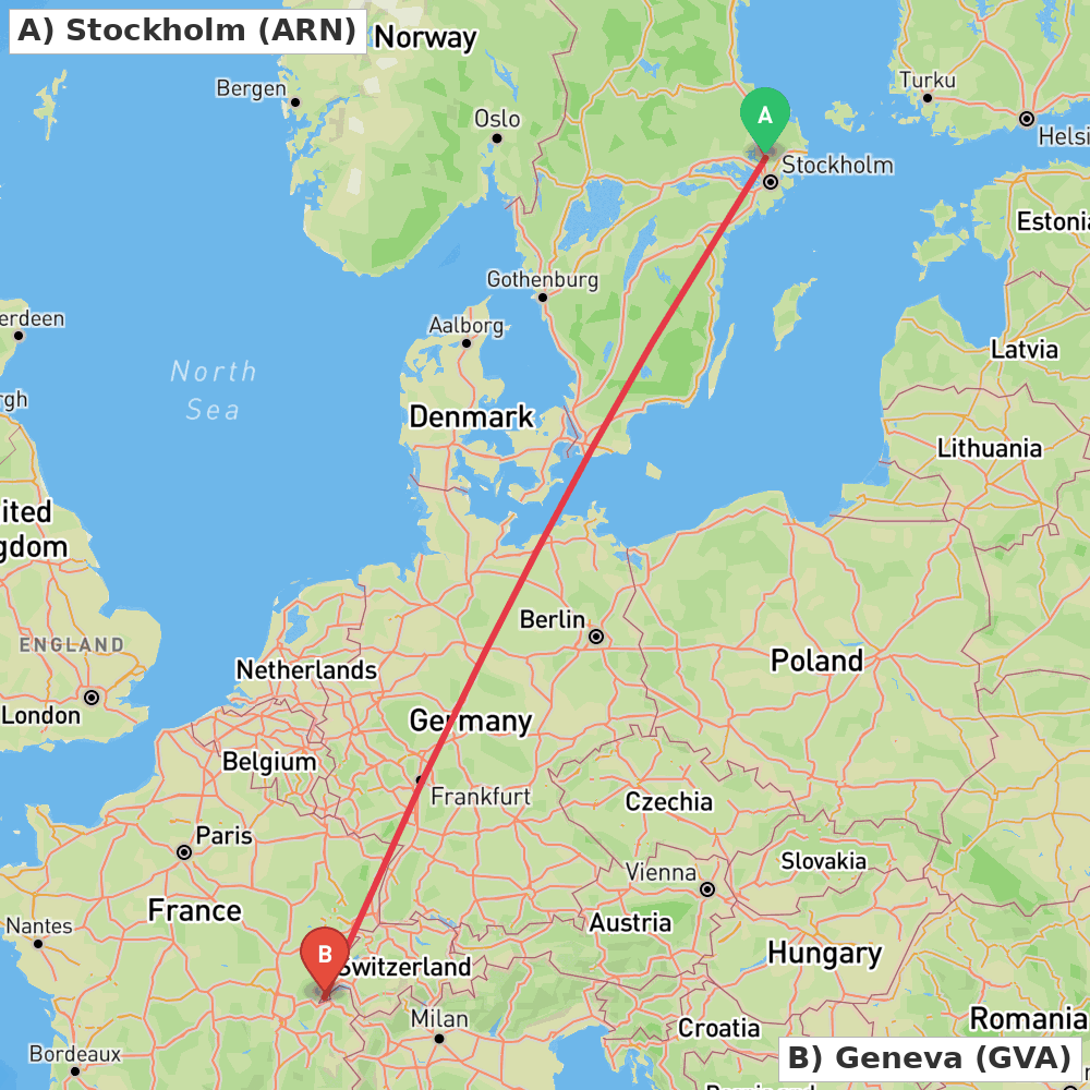 Flight route map from Stockholm to Geneva