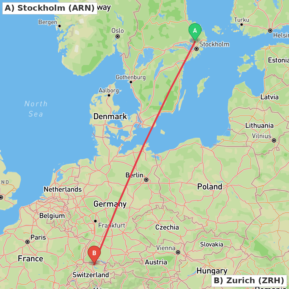 Flight route map from Stockholm to Zurich