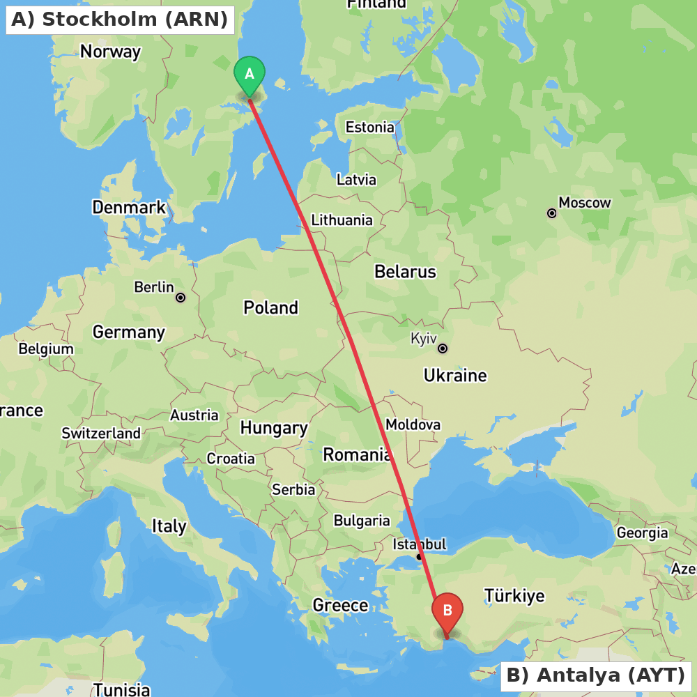Flight route map from Stockholm to Antalya