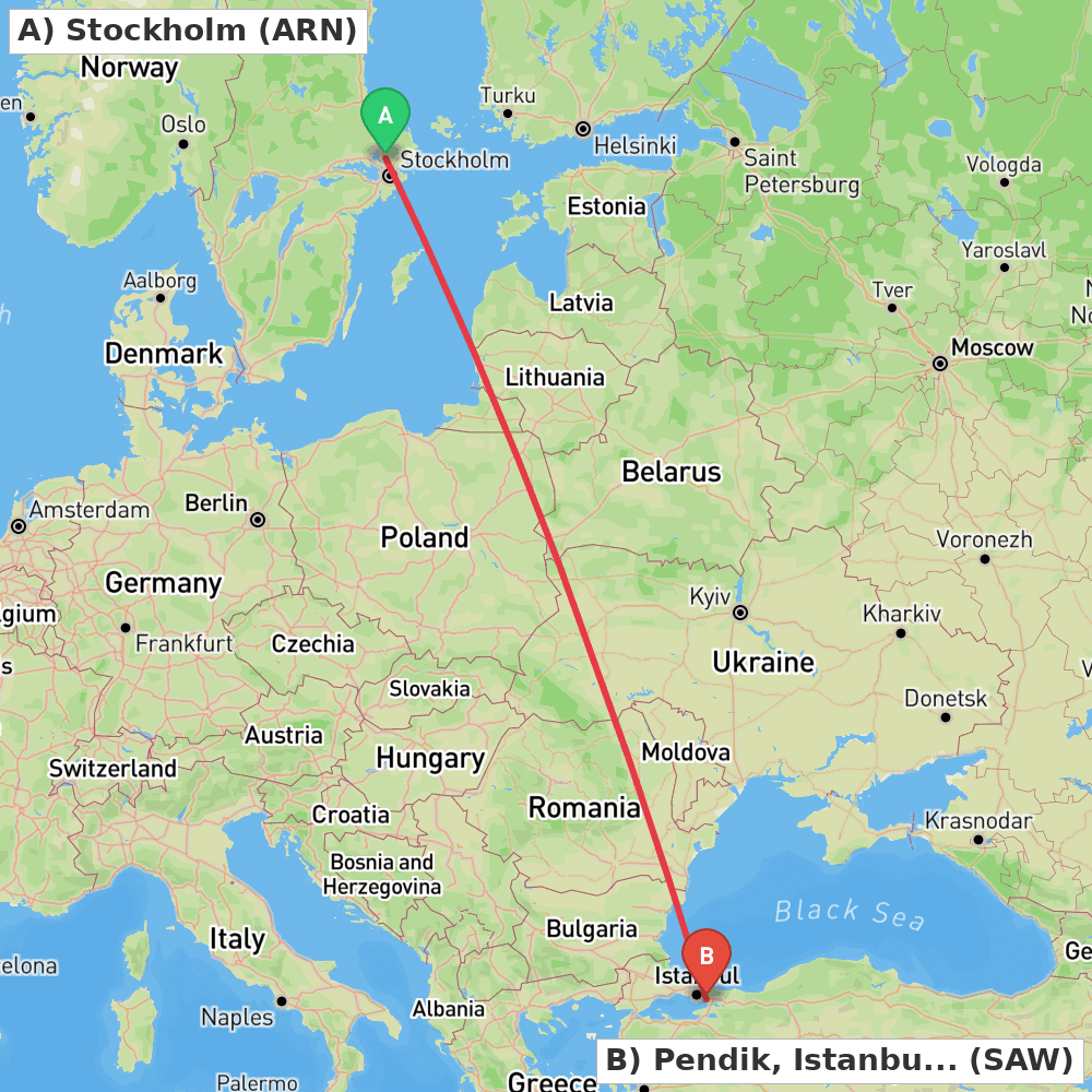 Flight route map from Stockholm to Pendik, Istanbul