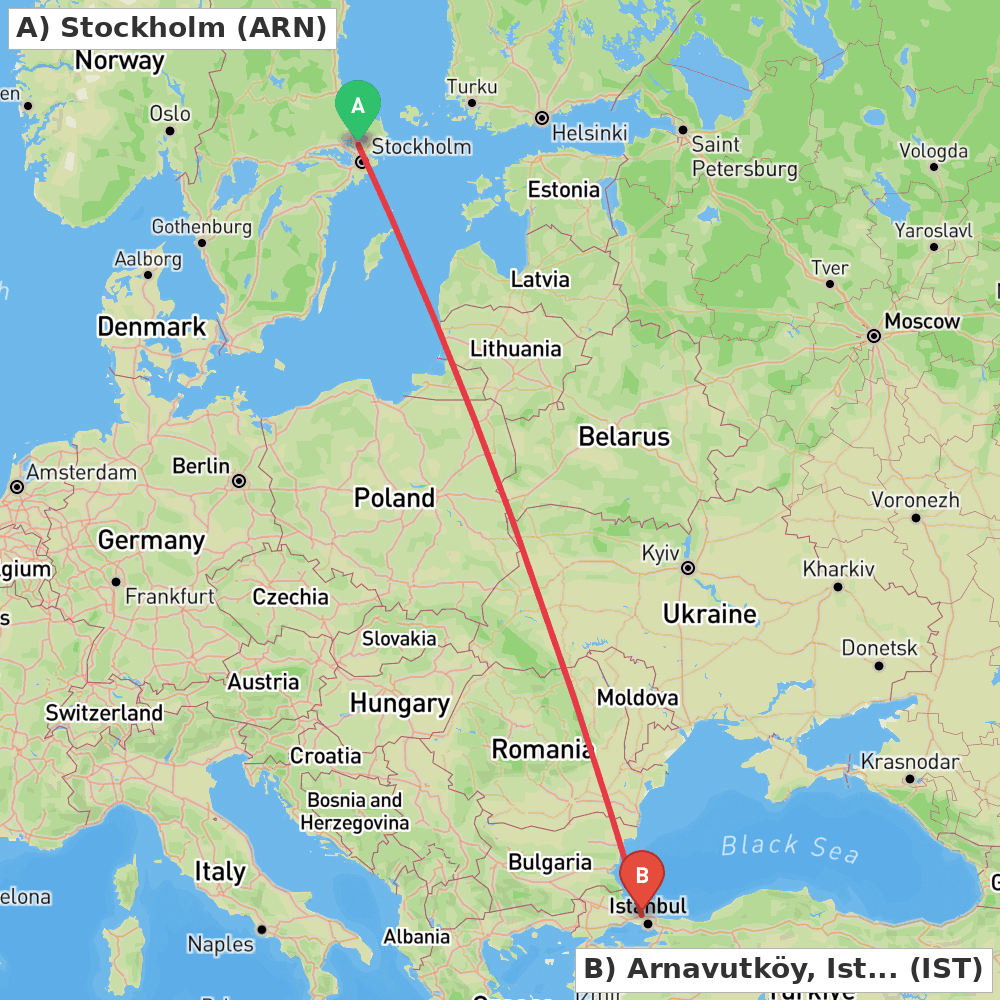 Flight route map from Stockholm to Arnavutköy, Istanbul