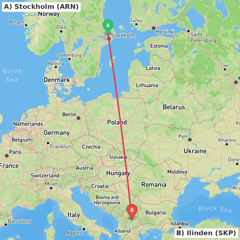 Flight route map from Stockholm to Ilinden