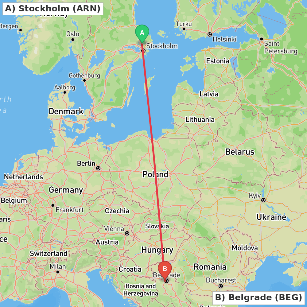 Flight route map from Stockholm to Belgrade
