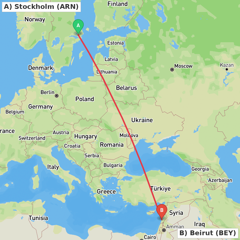 Flight route map from Stockholm to Beirut