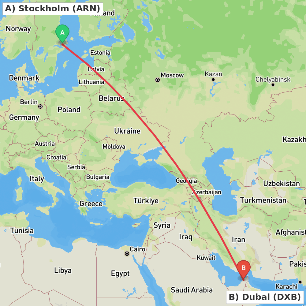 Flight route map from Stockholm to Dubai