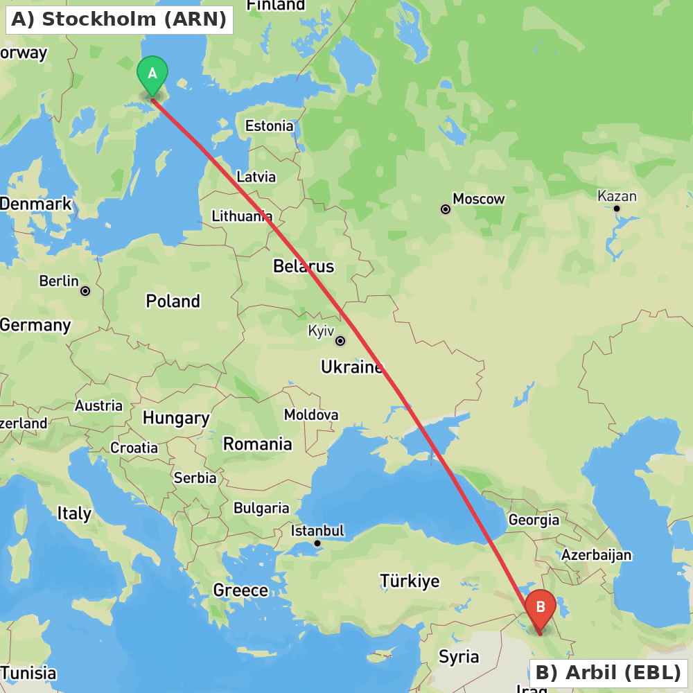Flight route map from Stockholm to Arbil