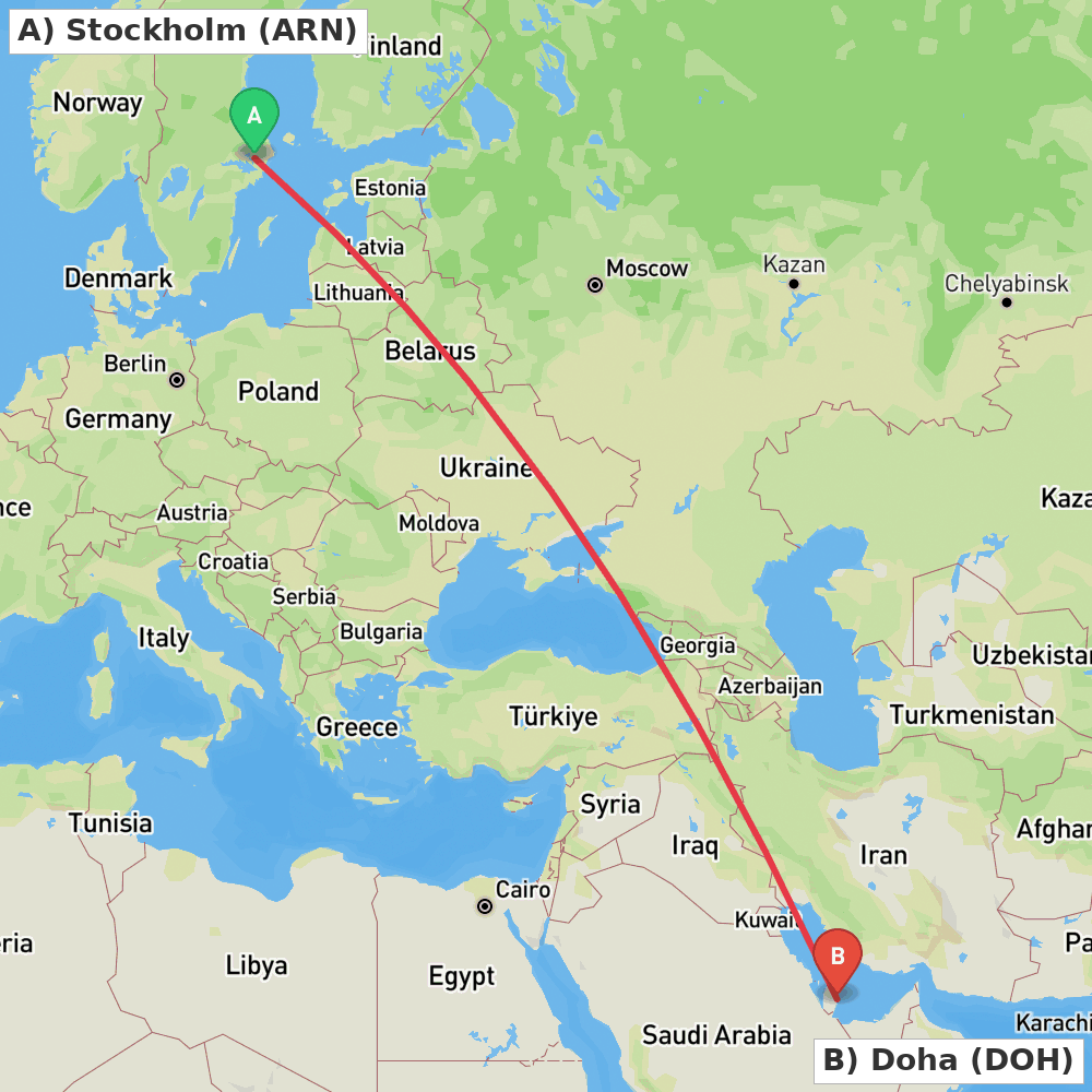 Flight route map from Stockholm to Doha