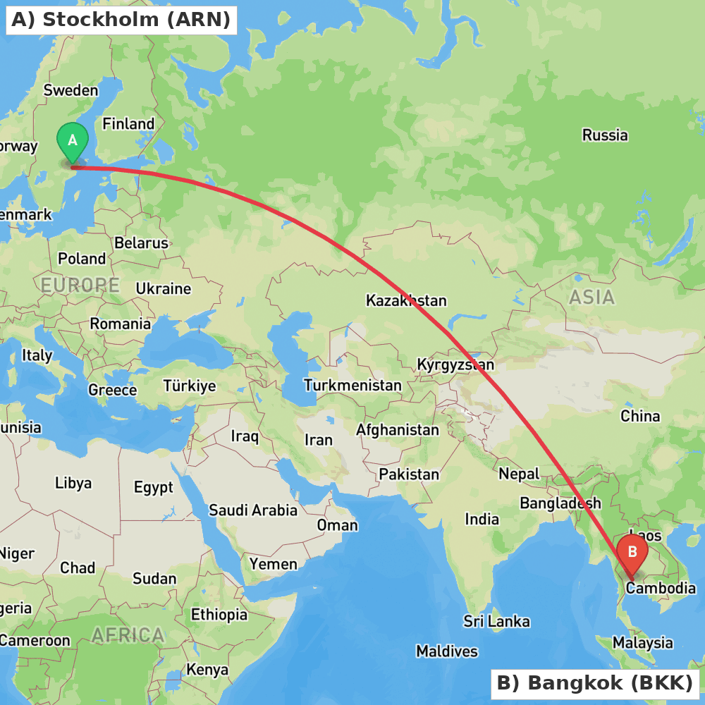 Flight route map from Stockholm to Bangkok