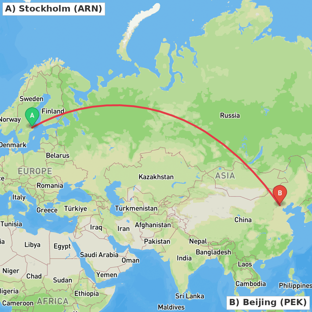 Flight route map from Stockholm to Beijing