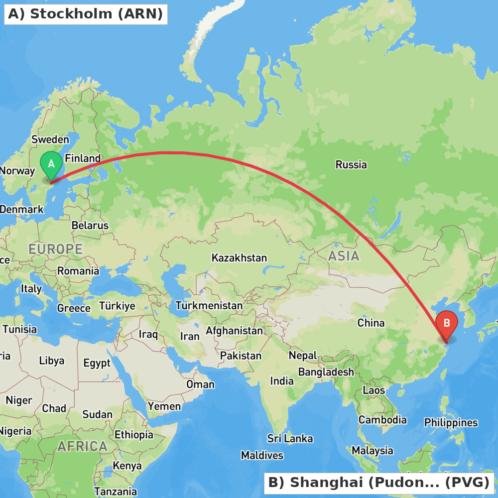 Flight route map from Stockholm to Shanghai (Pudong)
