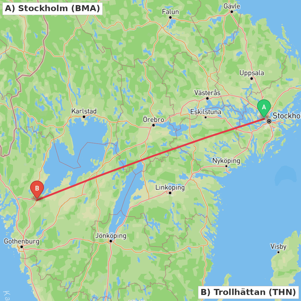 Flight route map from Stockholm to Trollhättan