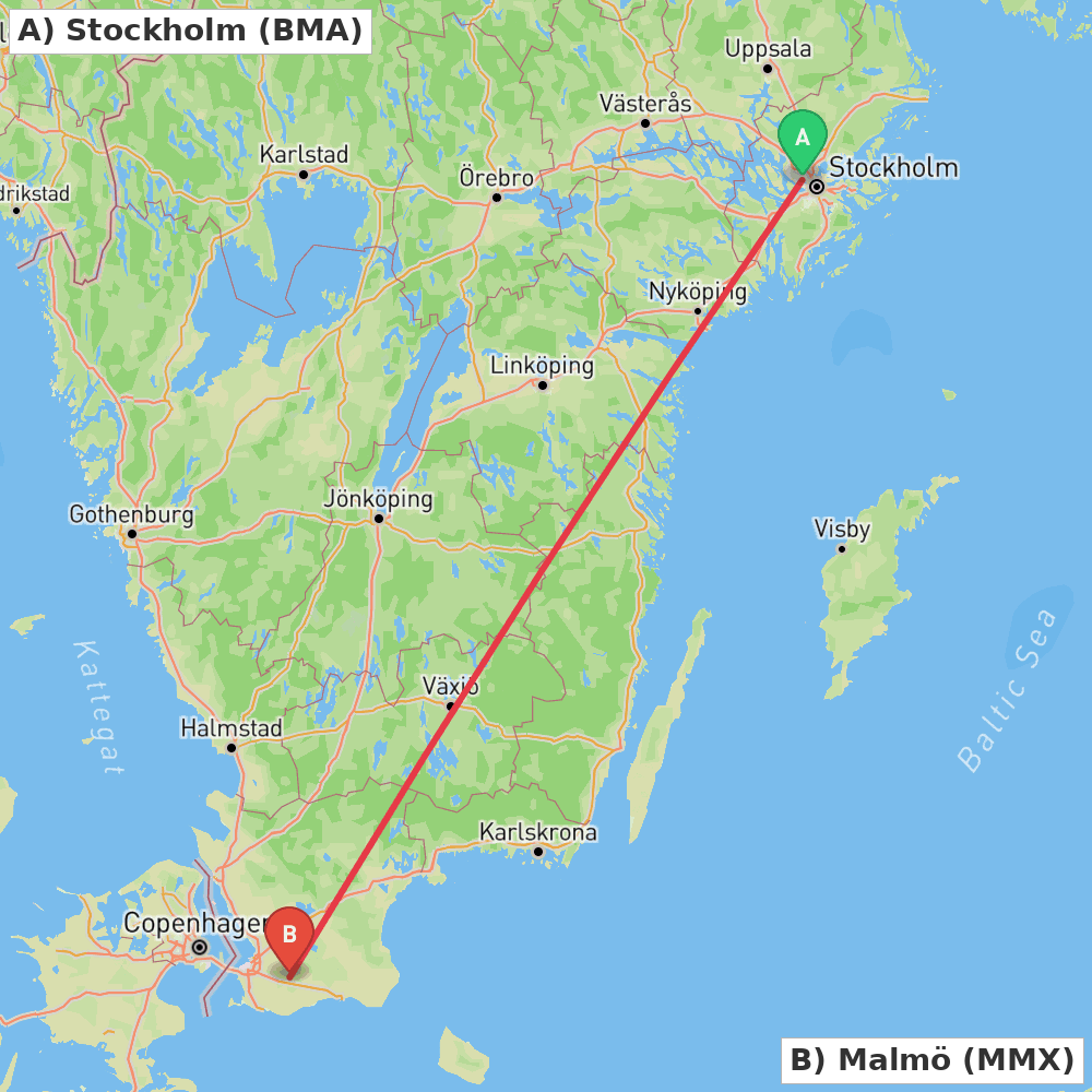 Flight route map from Stockholm to Malmö