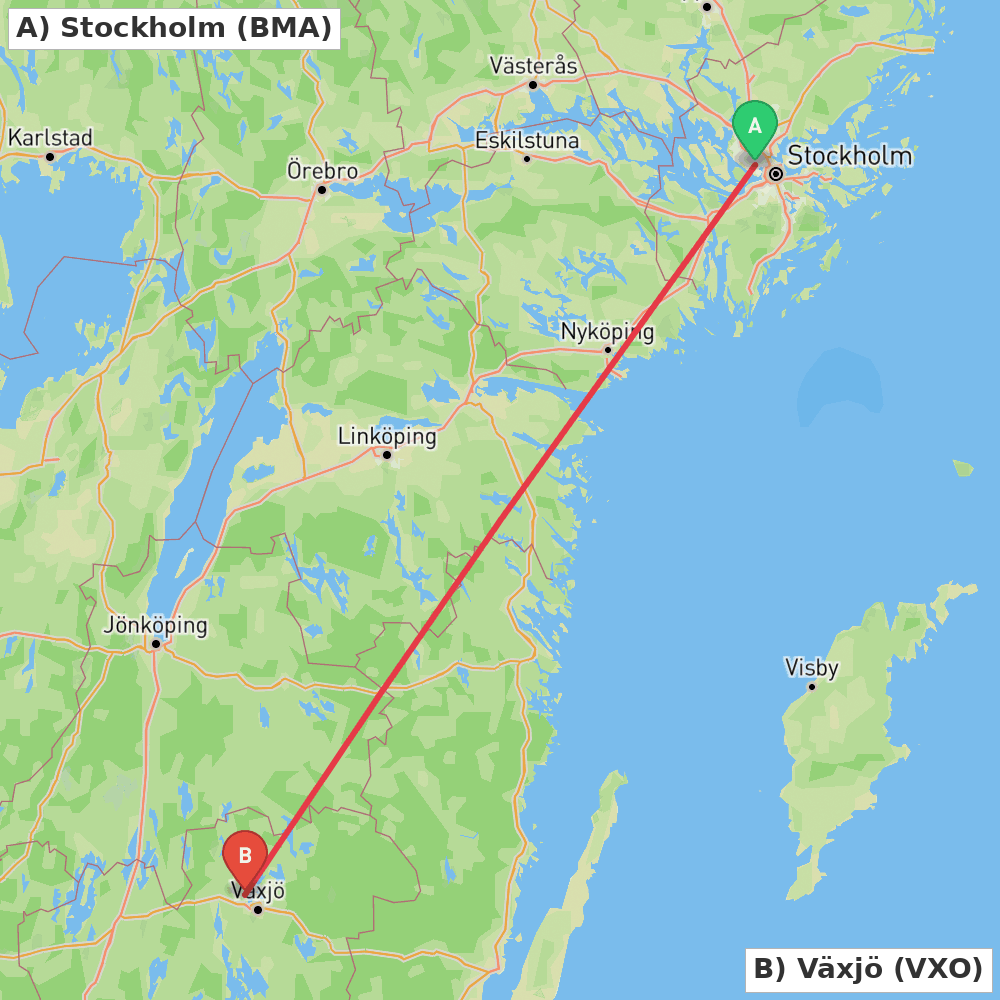 Flight route map from Stockholm to Växjö