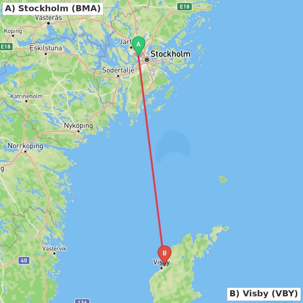 Flight route map from Stockholm to Visby