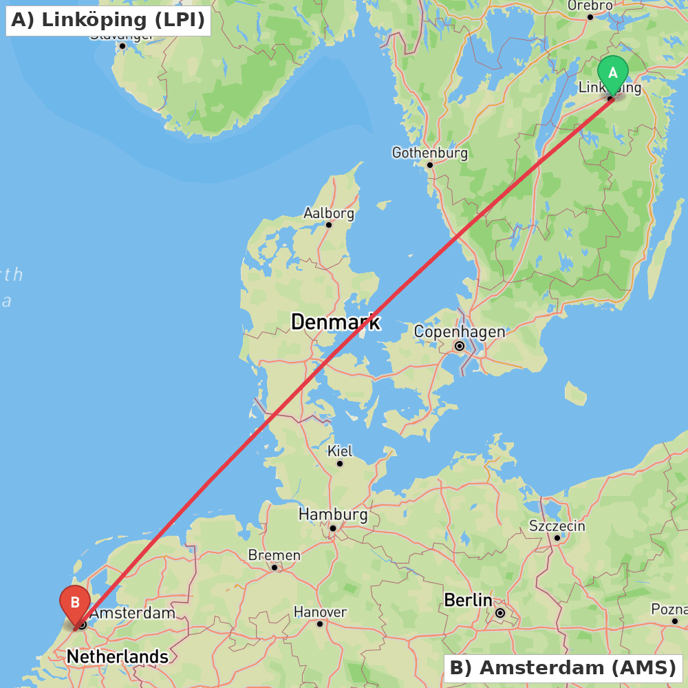 Flight route map from Linköping to Amsterdam