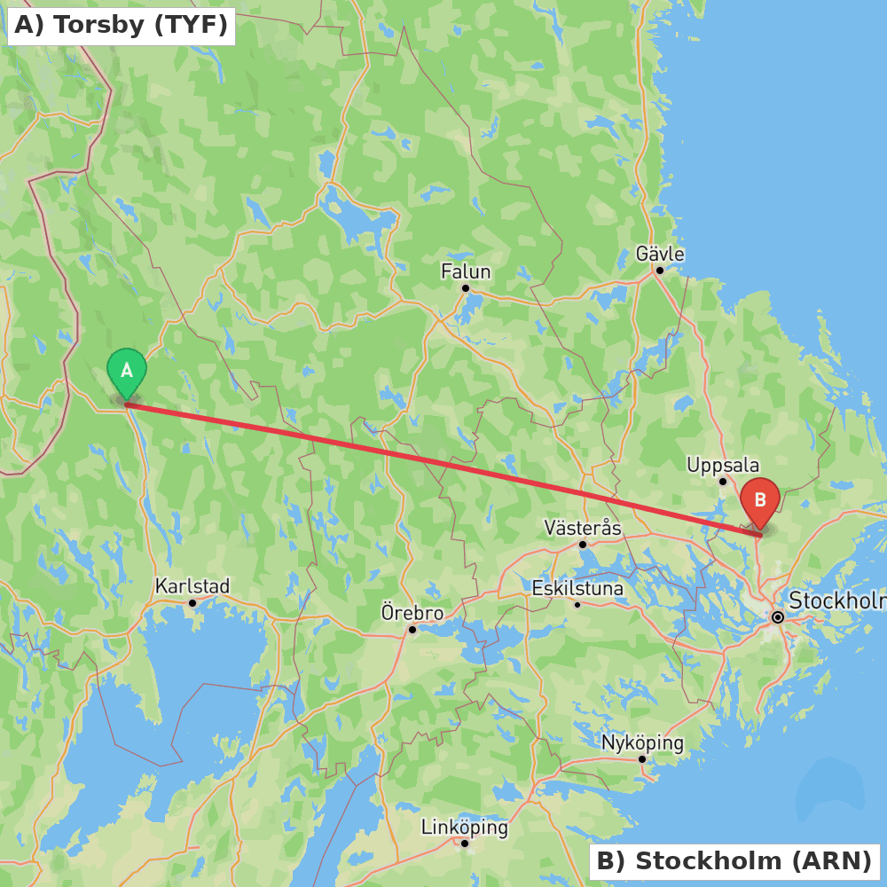Flight route map from Torsby to Stockholm