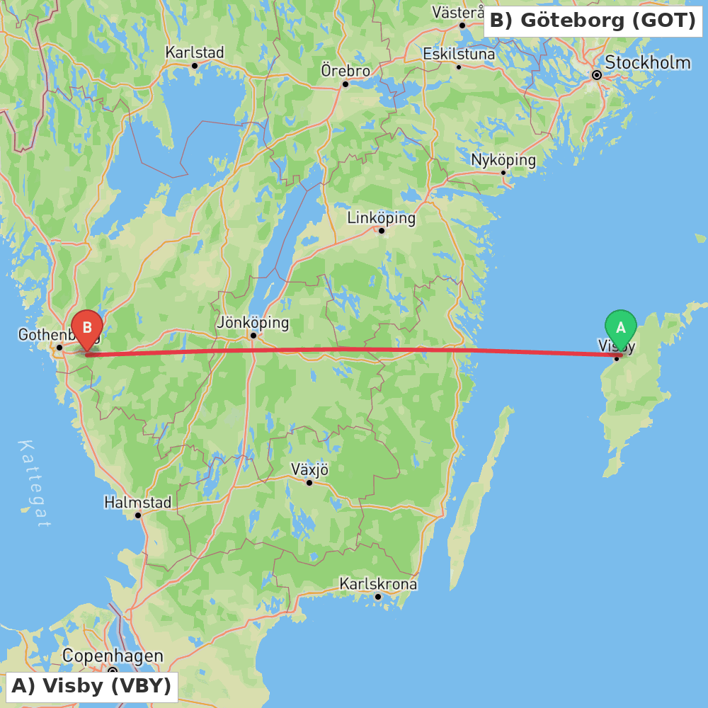 Flight route map from Visby to Göteborg