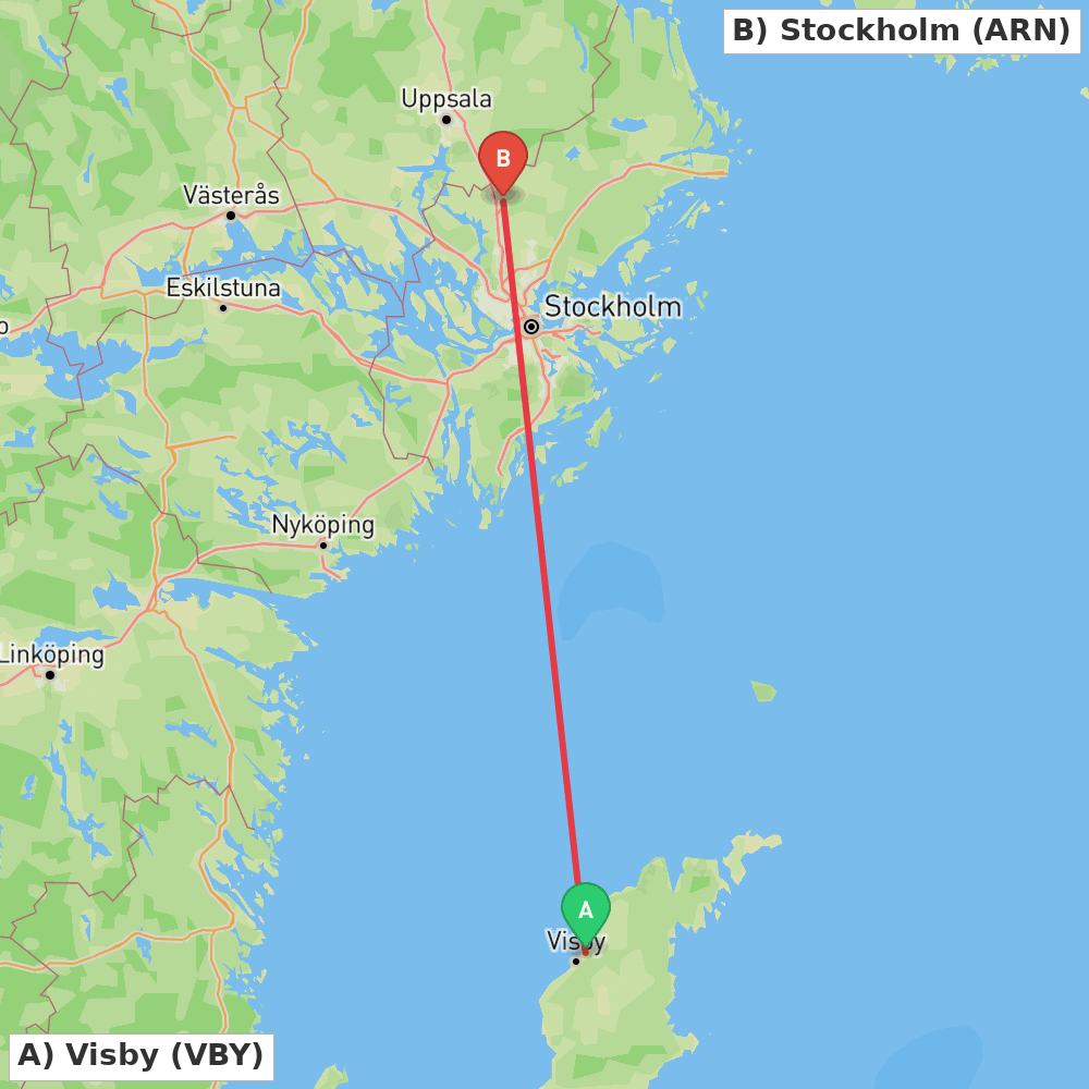 Flight route map from Visby to Stockholm