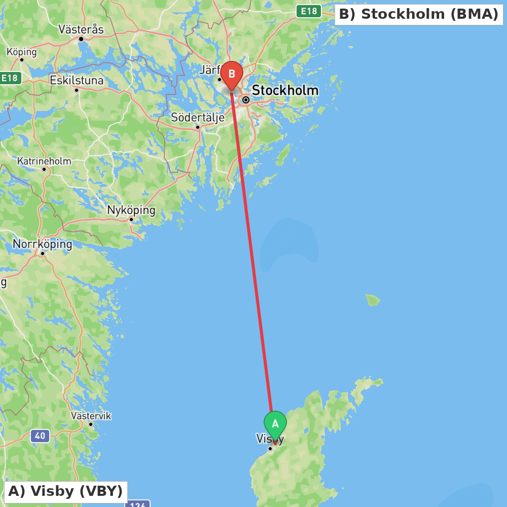 Flight route map from Visby to Stockholm