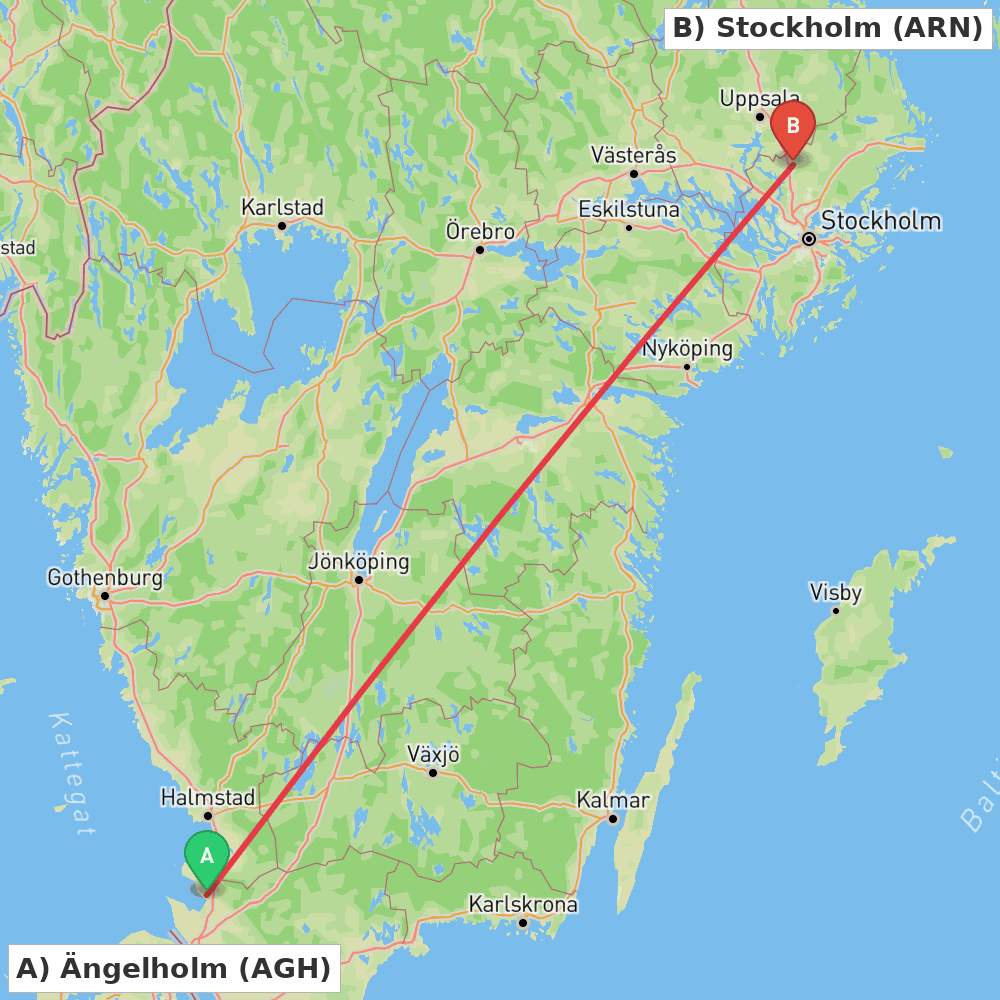 Flight route map from Ängelholm to Stockholm