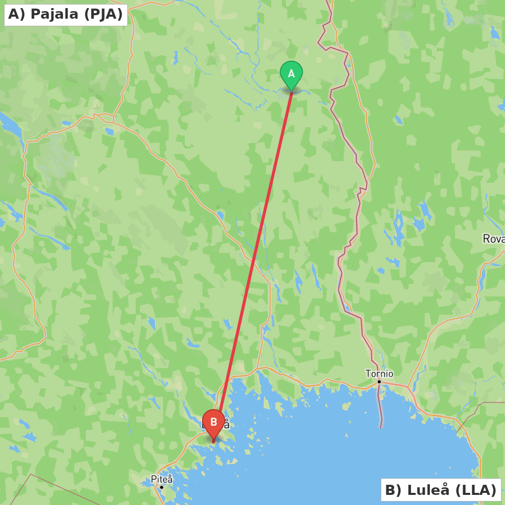 Flight route map from Pajala to Luleå