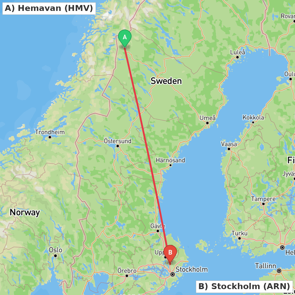 Flight route map from Hemavan to Stockholm
