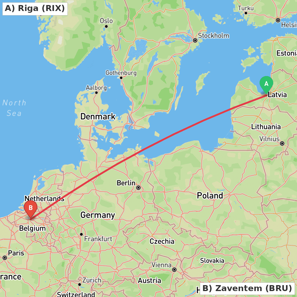 Flight route map from Riga to Zaventem