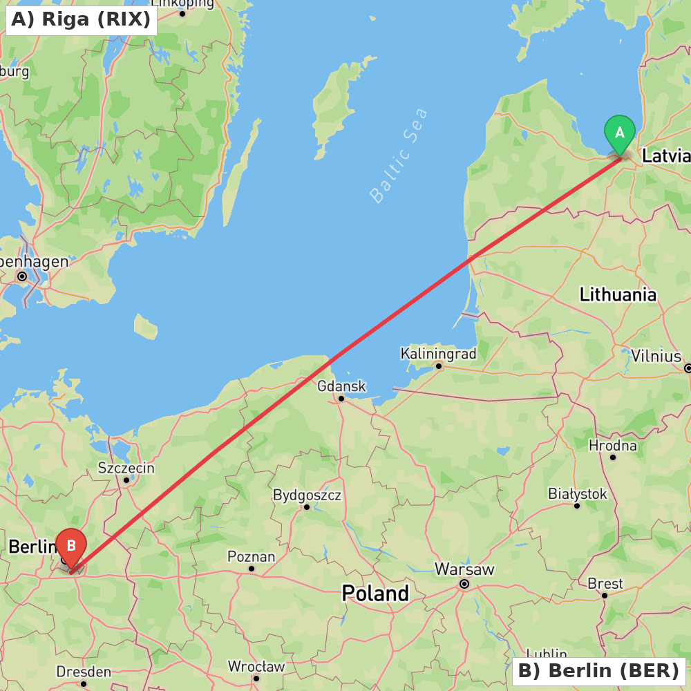 Flight route map from Riga to Berlin