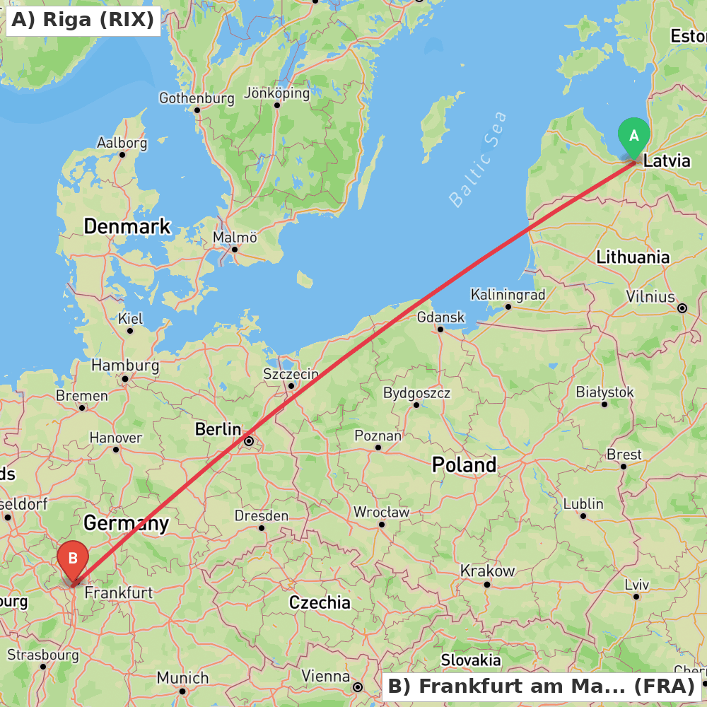 Flight route map from Riga to Frankfurt am Main