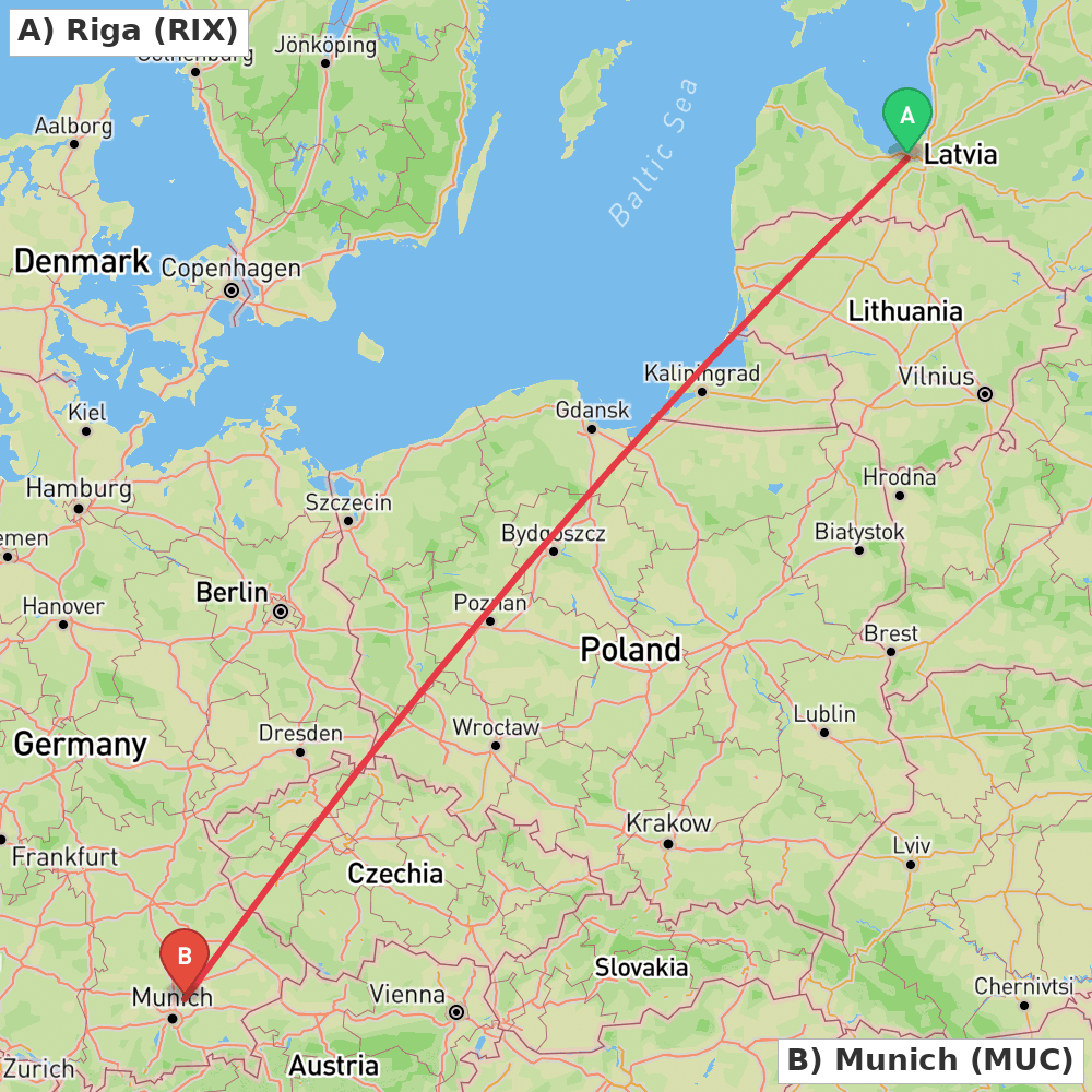 Flight route map from Riga to Munich
