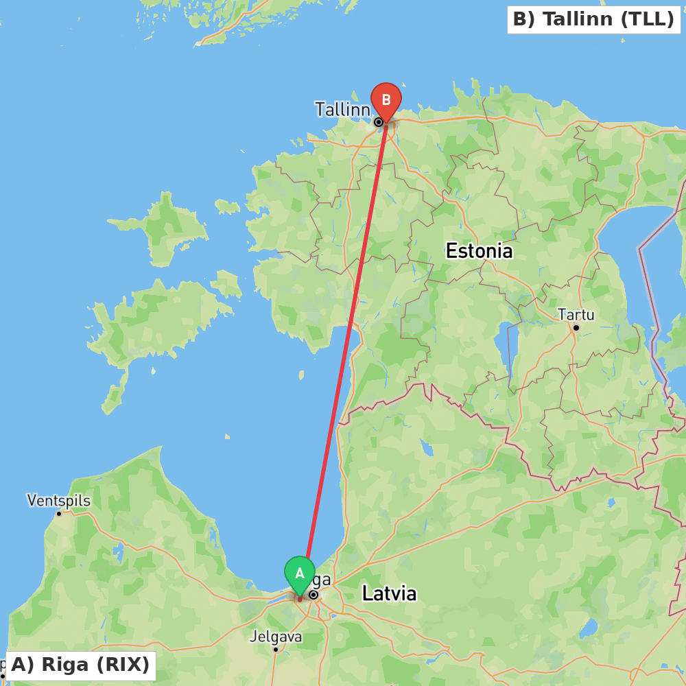 Flight route map from Riga to Tallinn