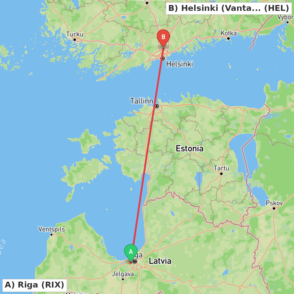 Flight route map from Riga to Helsinki (Vantaa)