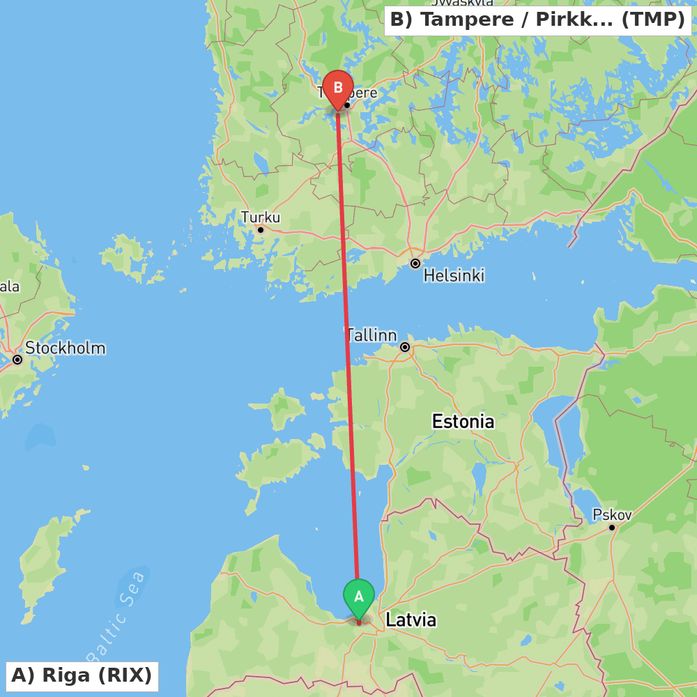 Flight route map from Riga to Tampere / Pirkkala