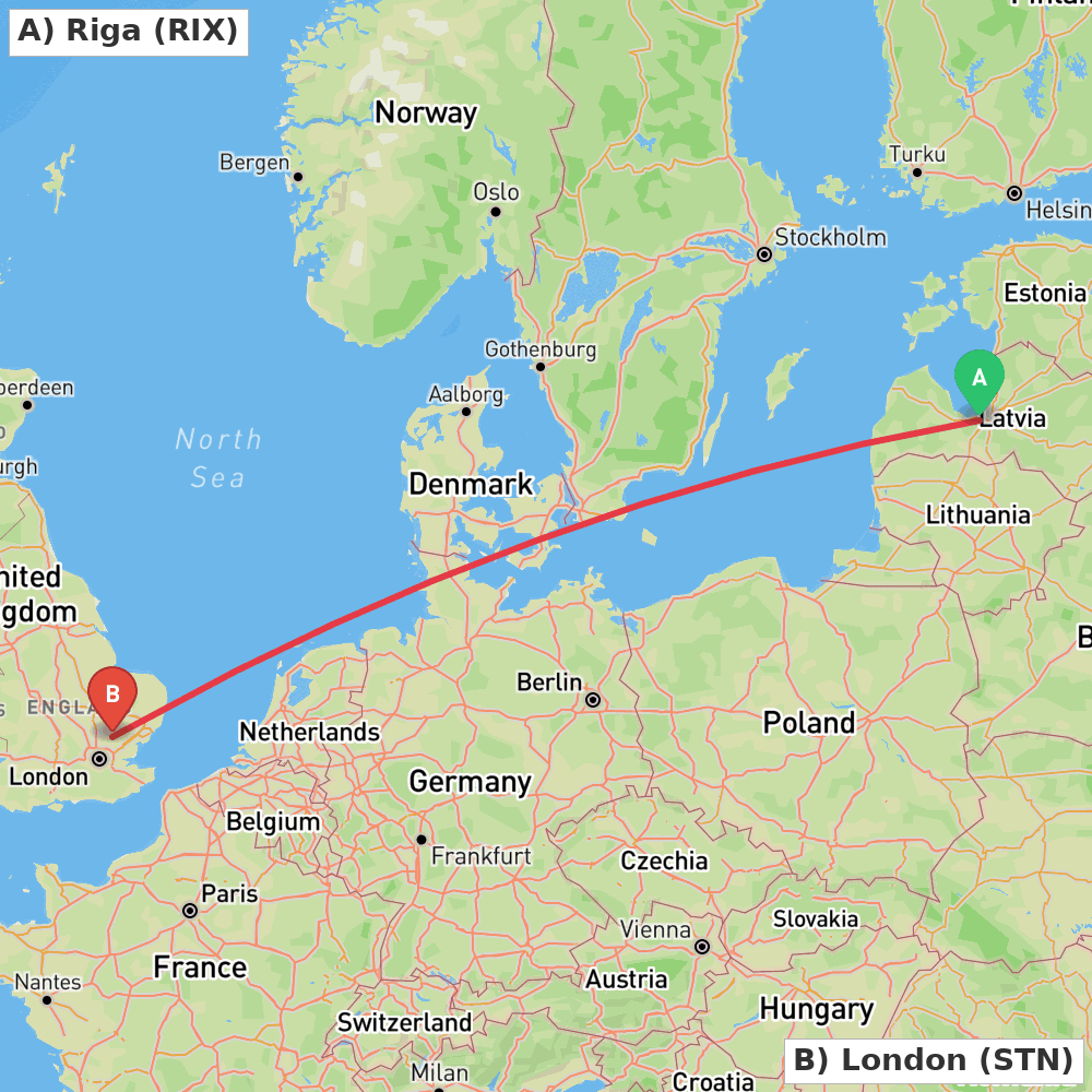 Flight route map from Riga to London