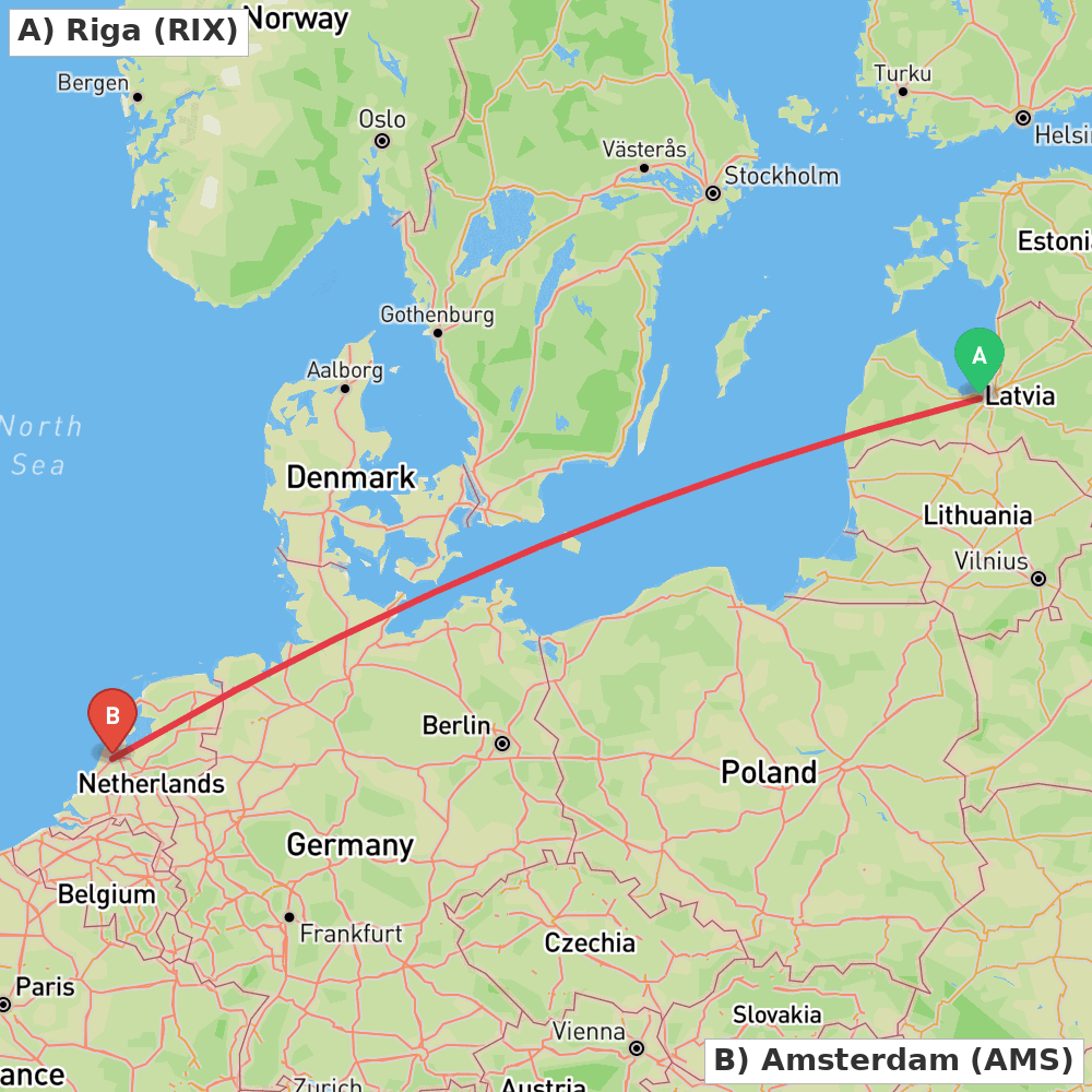 Flight route map from Riga to Amsterdam