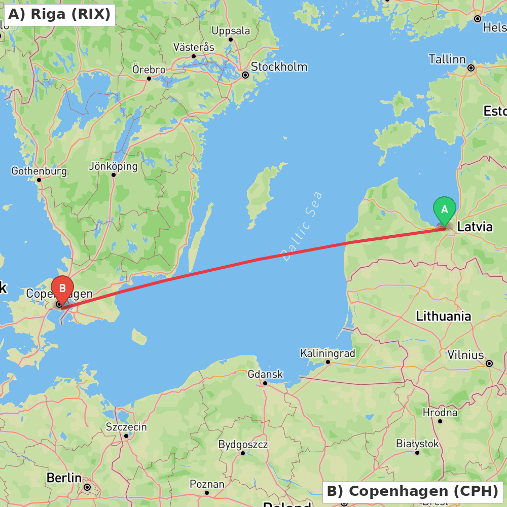 Flight route map from Riga to Copenhagen
