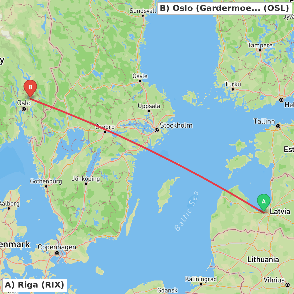 Flight route map from Riga to Oslo (Gardermoen)