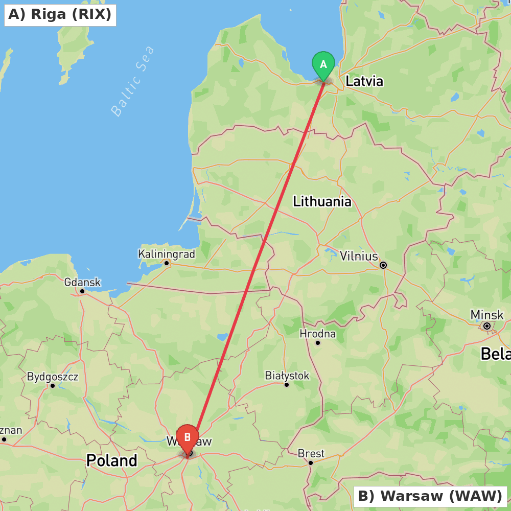 Flight route map from Riga to Warsaw