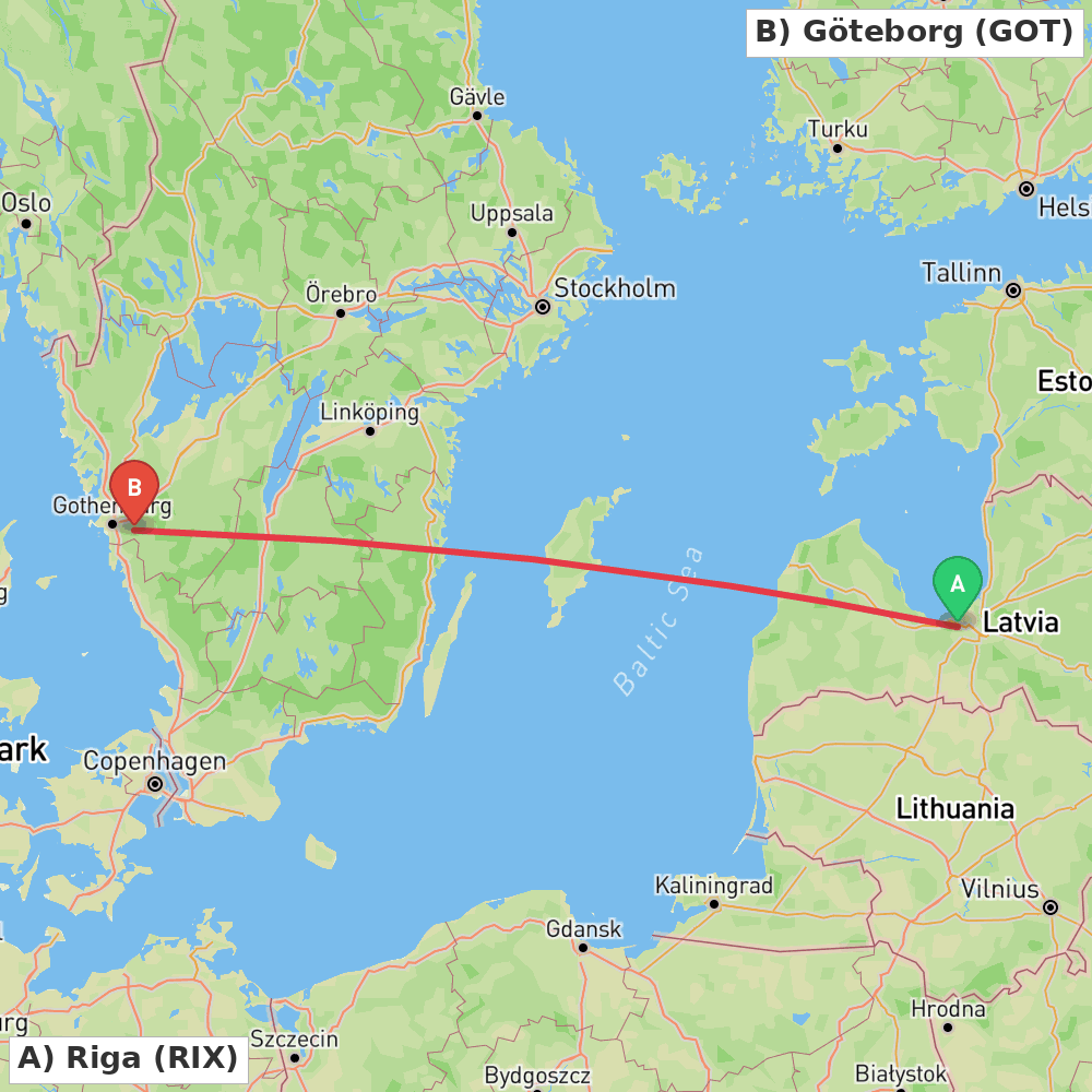 Flight route map from Riga to Göteborg