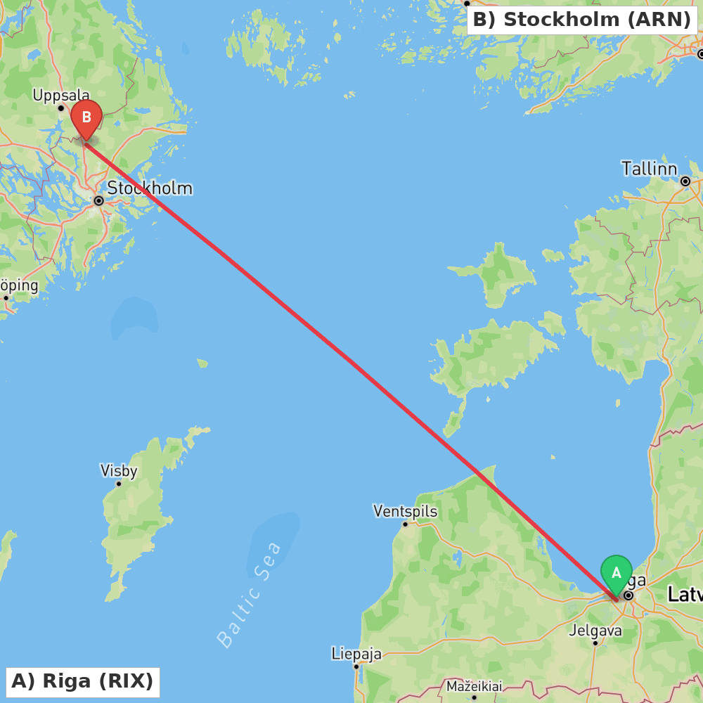 Flight route map from Riga to Stockholm