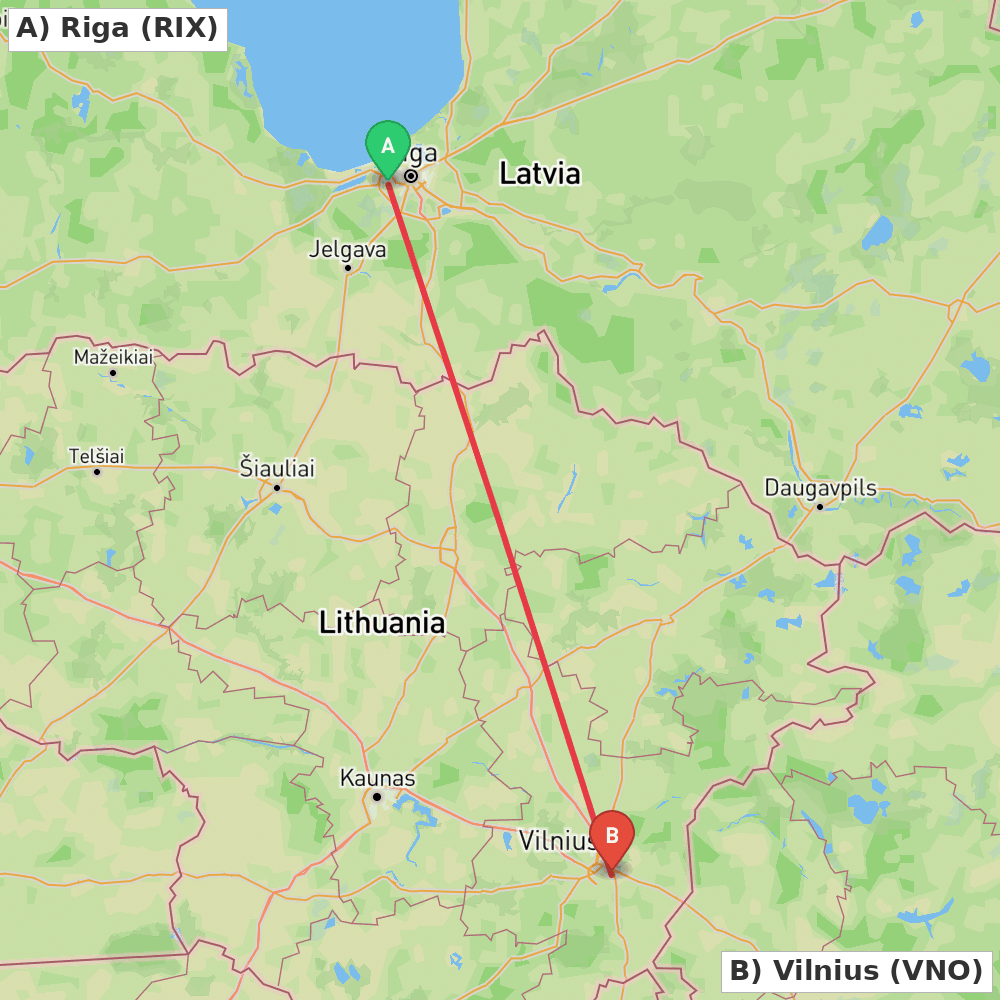 Flight route map from Riga to Vilnius