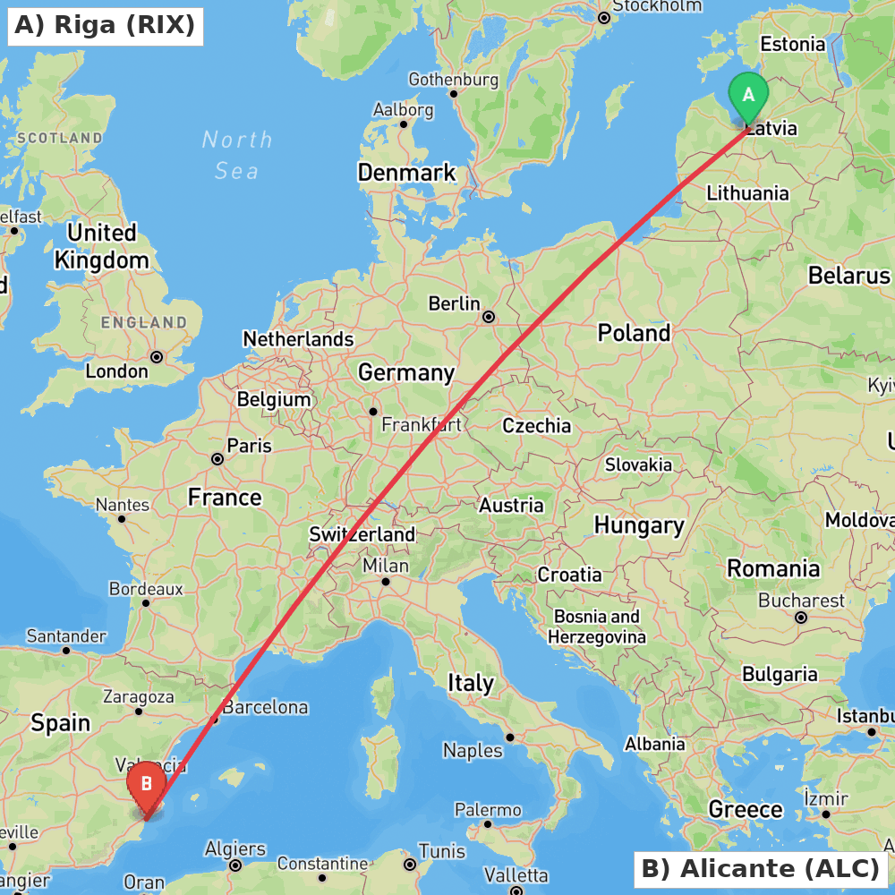 Flight route map from Riga to Alicante