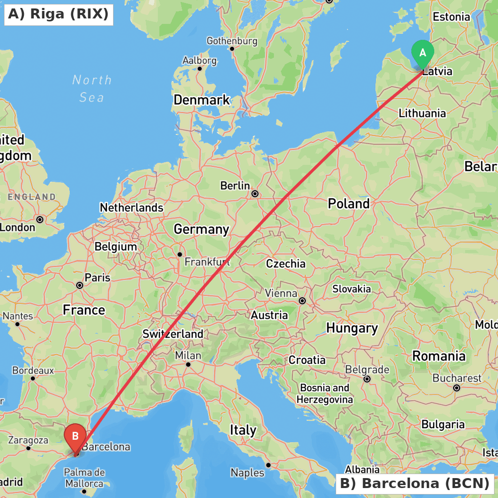 Flight route map from Riga to Barcelona