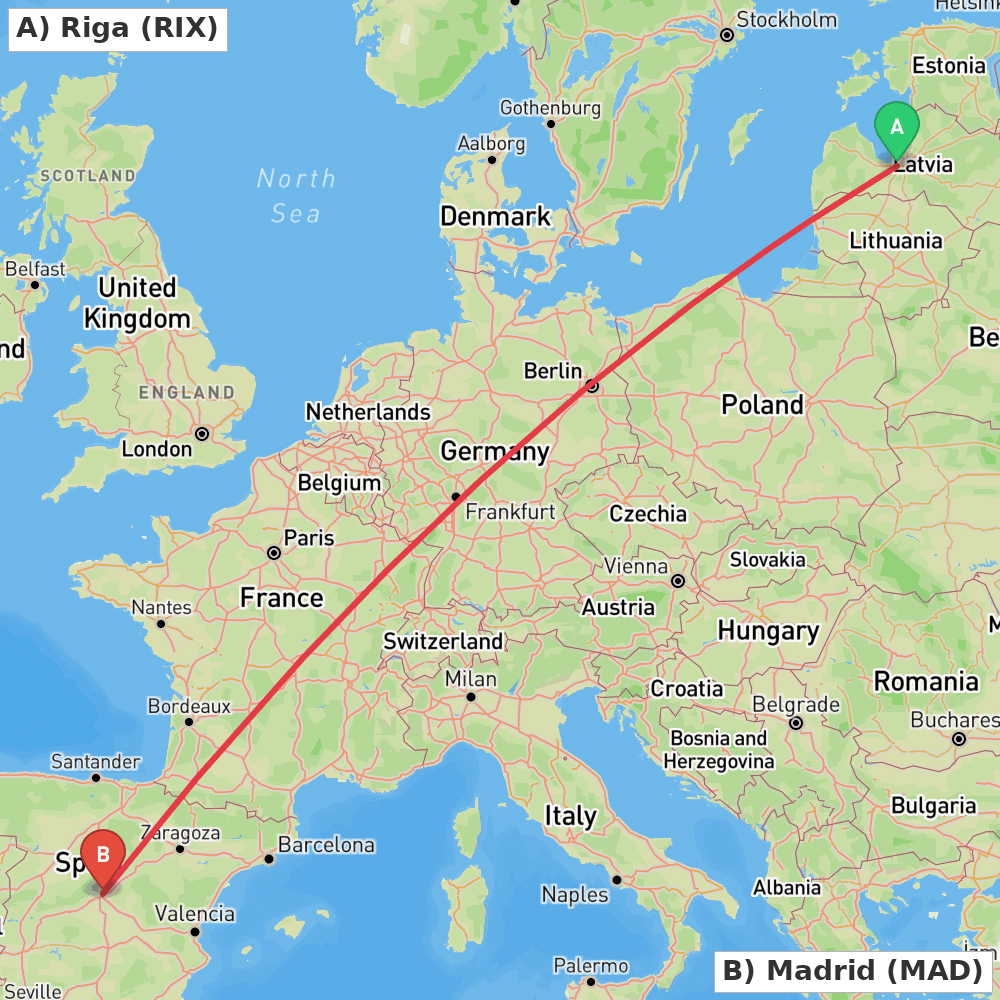 Flight route map from Riga to Madrid