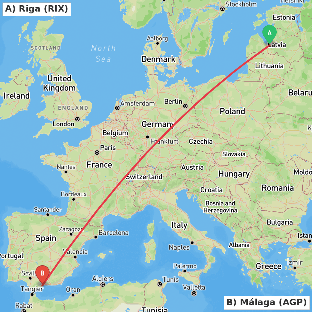 Flight route map from Riga to Málaga