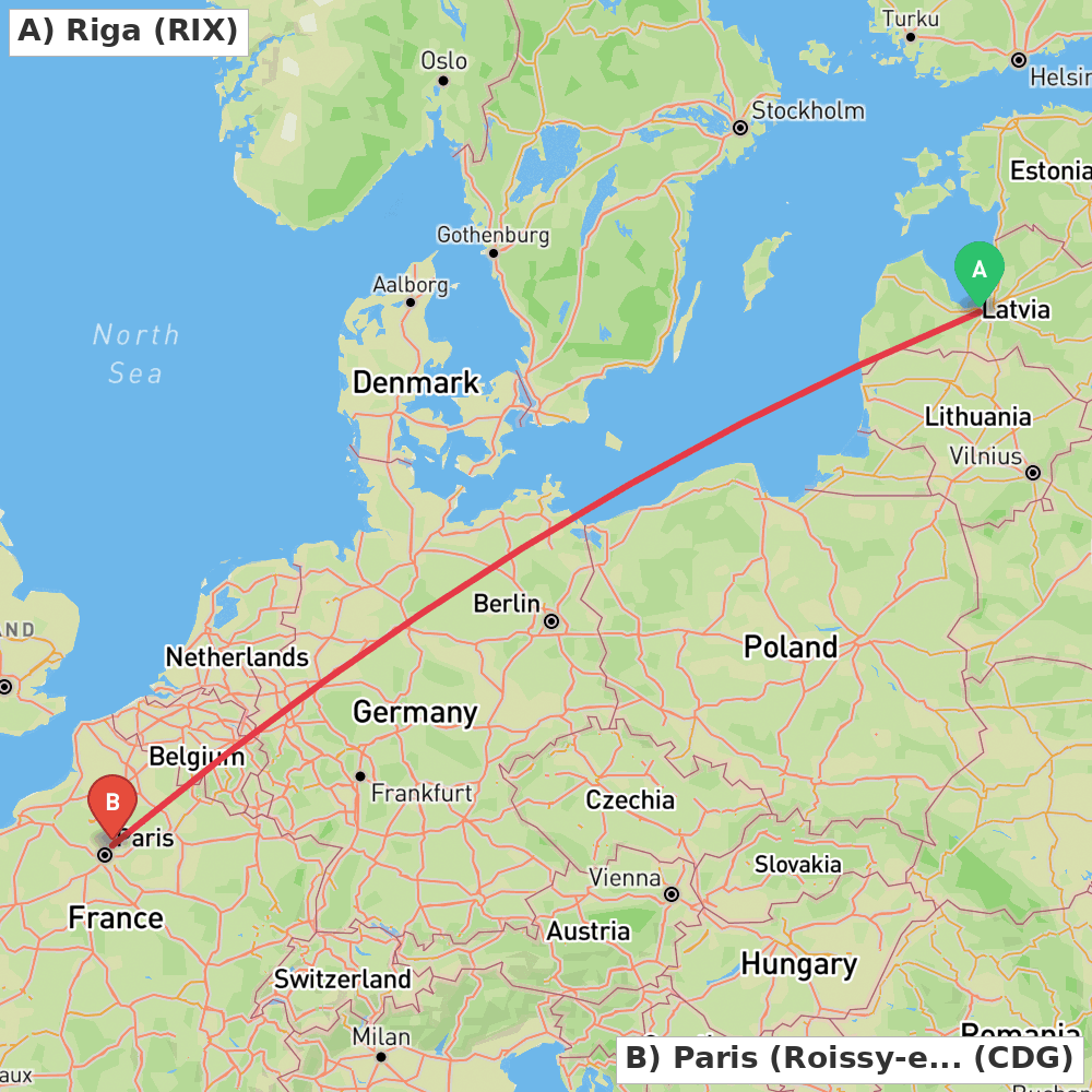 Flight route map from Riga to Paris (Roissy-en-France, Val-d'Oise)
