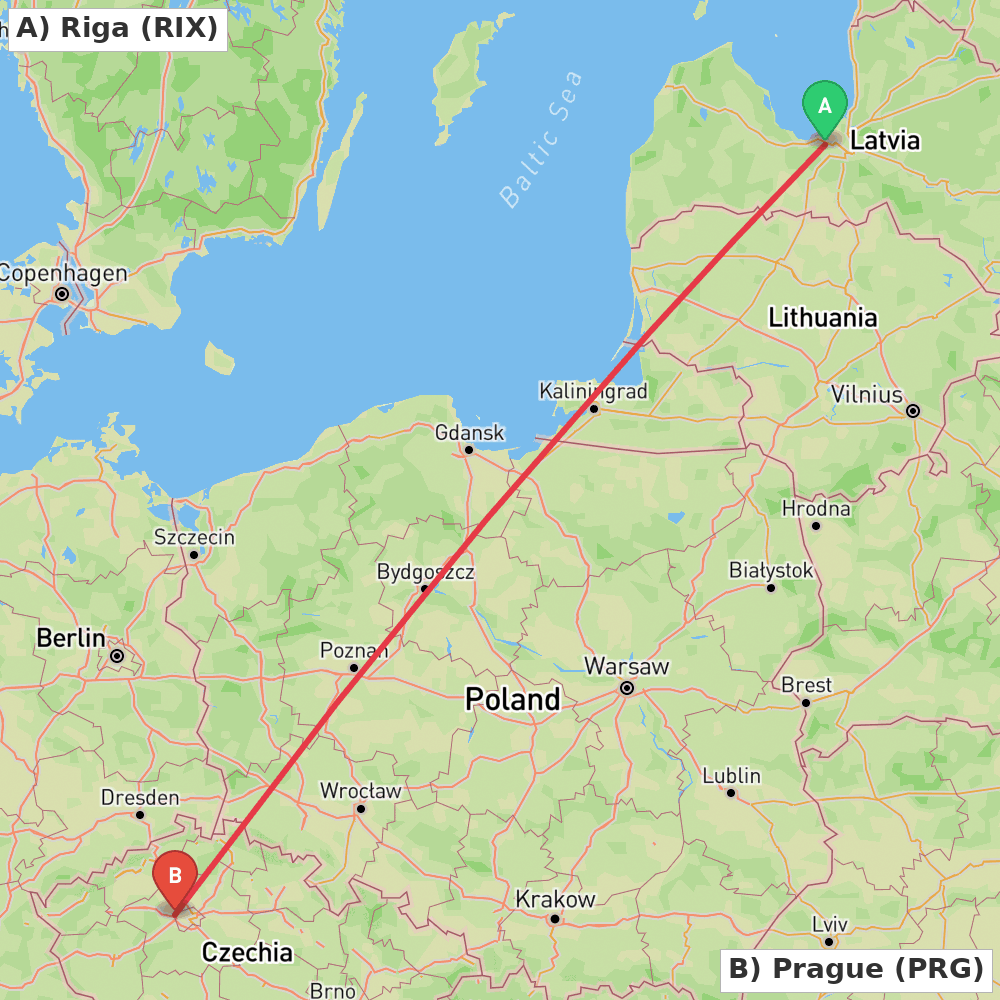 Flight route map from Riga to Prague