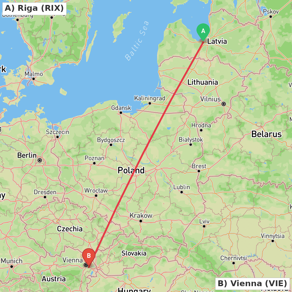 Flight route map from Riga to Vienna
