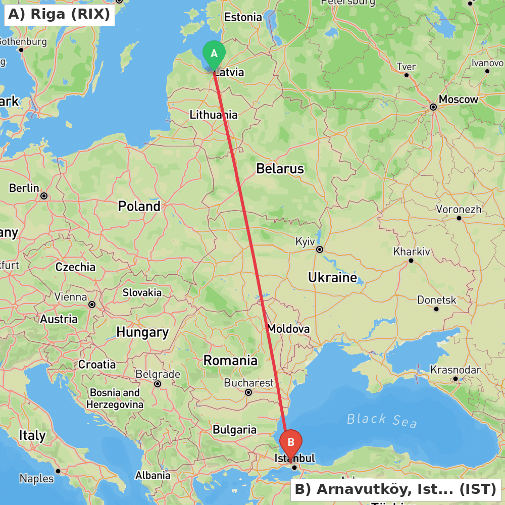 Flight route map from Riga to Arnavutköy, Istanbul