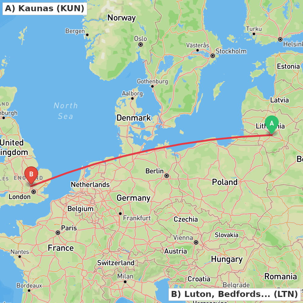 Flight route map from Kaunas to Luton, Bedfordshire